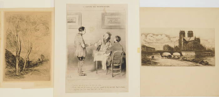 Jean Baptiste Camille Corot (French 1796-1875) etching: Le Dome Florentin etching on wove paper, proof asisde from the edition of 50., 1869-1870, 9 1/2 x 6 3/8" Delteil 13 ii/II Together with a Honore Daumier lithograph and a Charles Meryon reproduction pr