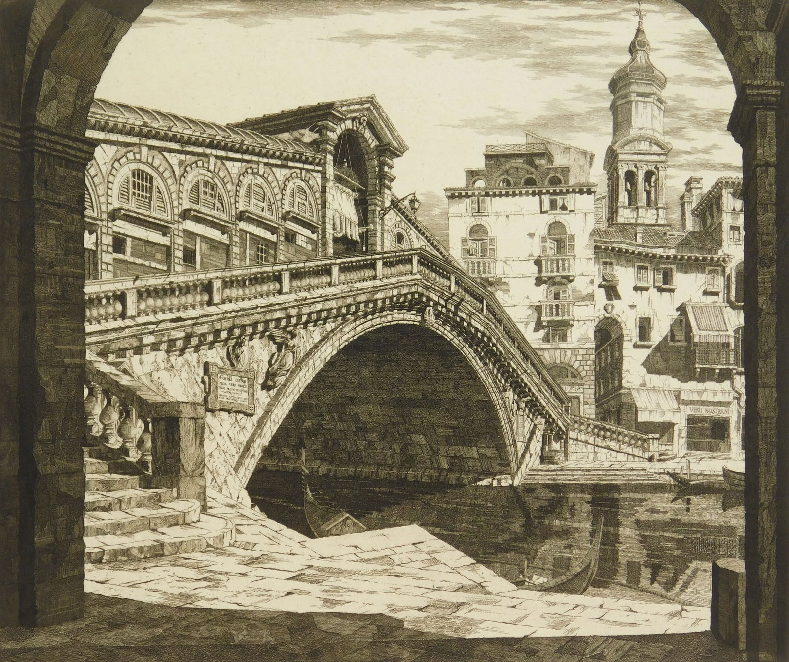 John Taylor Arms (1887-1953) etching: Shadows of Venice etching and aquatint, 1930, signed, dated and inscribed in pencil, edition of 140, Italian series #16. 10 1/4 x 12 1/8'' Illustrated: Arms, Dorothy Noye