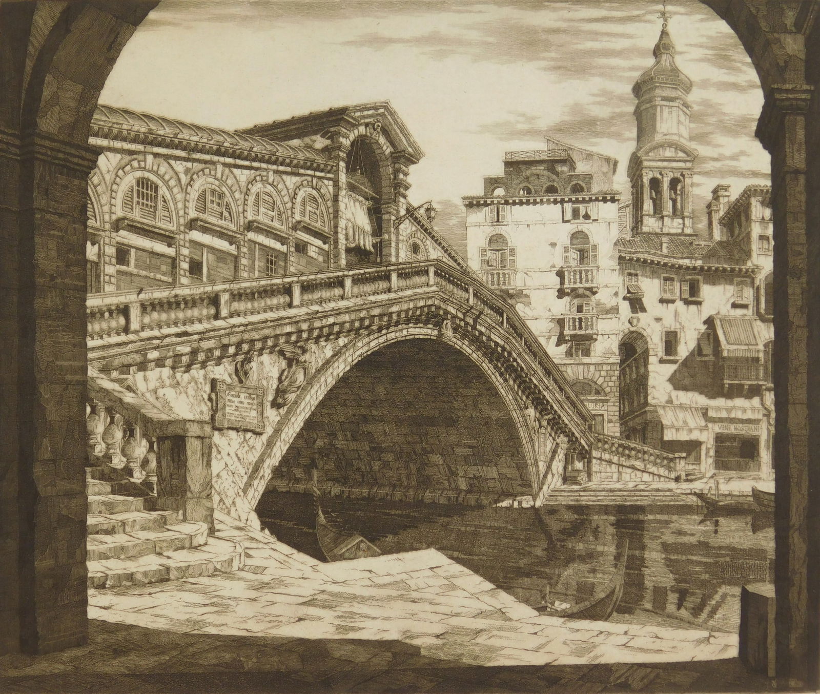 John Taylor Arms (American, 1887-1953) etching: Shadows of Venice etching and aquatint on green paper, 1930, signed, dated and inscribed in pencil, edition of 140, Italian series #16. 10 1/4 x 12 1/8'' Illustrated: Arm