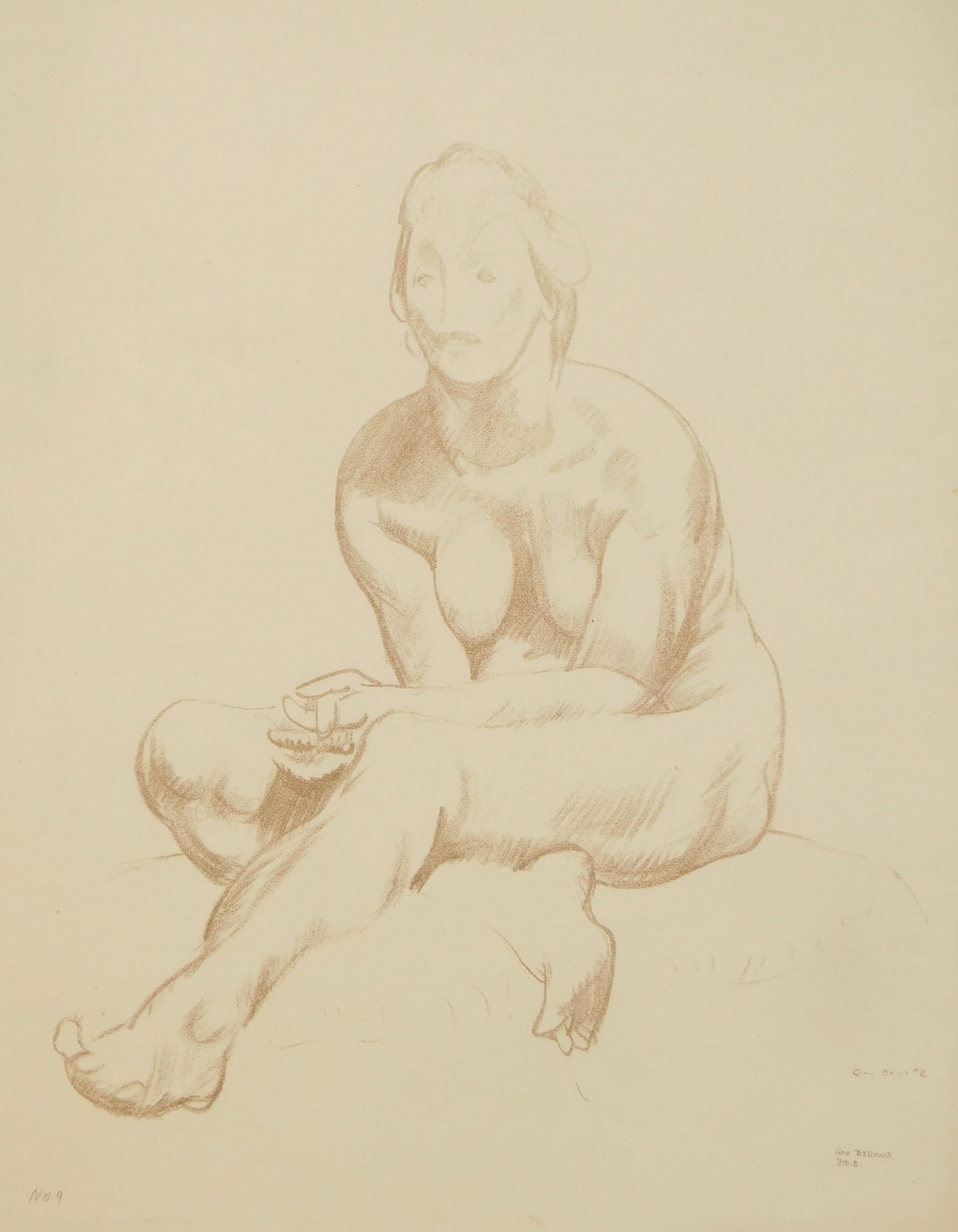 George Bellows (American, 1882-1925) lithograph: Nude Woman Seated with Folded Hands lithograph, 1917, inscribed with the artist's name, initialed, titled and numbered No 9 by the artist's daughter, Jean Bellows Booth, in pencil, e
