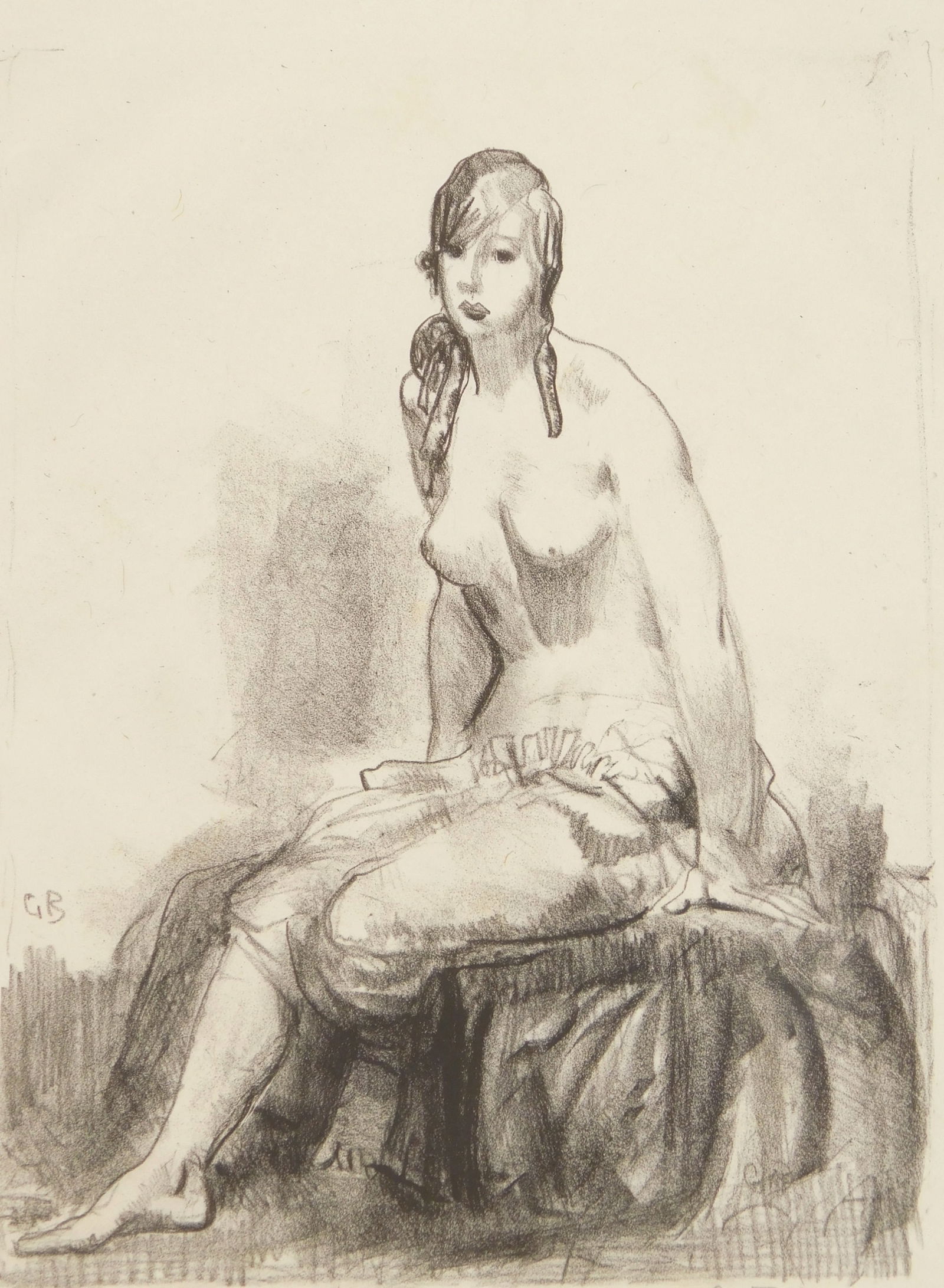 George Bellows (American, 1882-1925) lithograph: Morning, Nude Sketch. lithograph on cream wove paper, 1921, signed in pencil lower right and signed by the printer, Bolton Brown and inscribed imp in pencil lower left. 9 1/2 x 7 1/4&