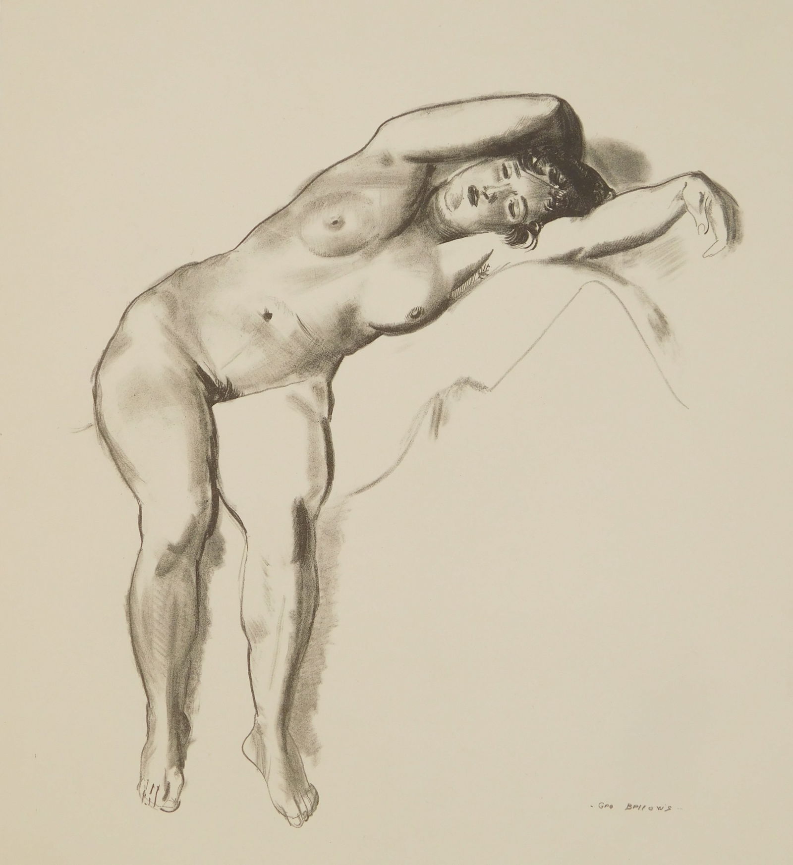 George Bellows (American, 1882-1925) lithograph: Nude Study, Woman Stretched on Bed lithograph, 1923-24, signed in pencil, lower right, and signed by the printer, Bolton Brown, and inscribed imp in pencil, lower left, edition of 332. 