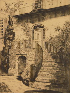 Alfred Hutty (American, 1857-1954) drypoint: My Doorway on Tradd Street drypoint, ca. 1930, signed and monogrammed with snail in pencil,. 10 1/2 x 7 5/8'' Condition: Slightly age toned Provenance: Private collection- Ontario, Canada</