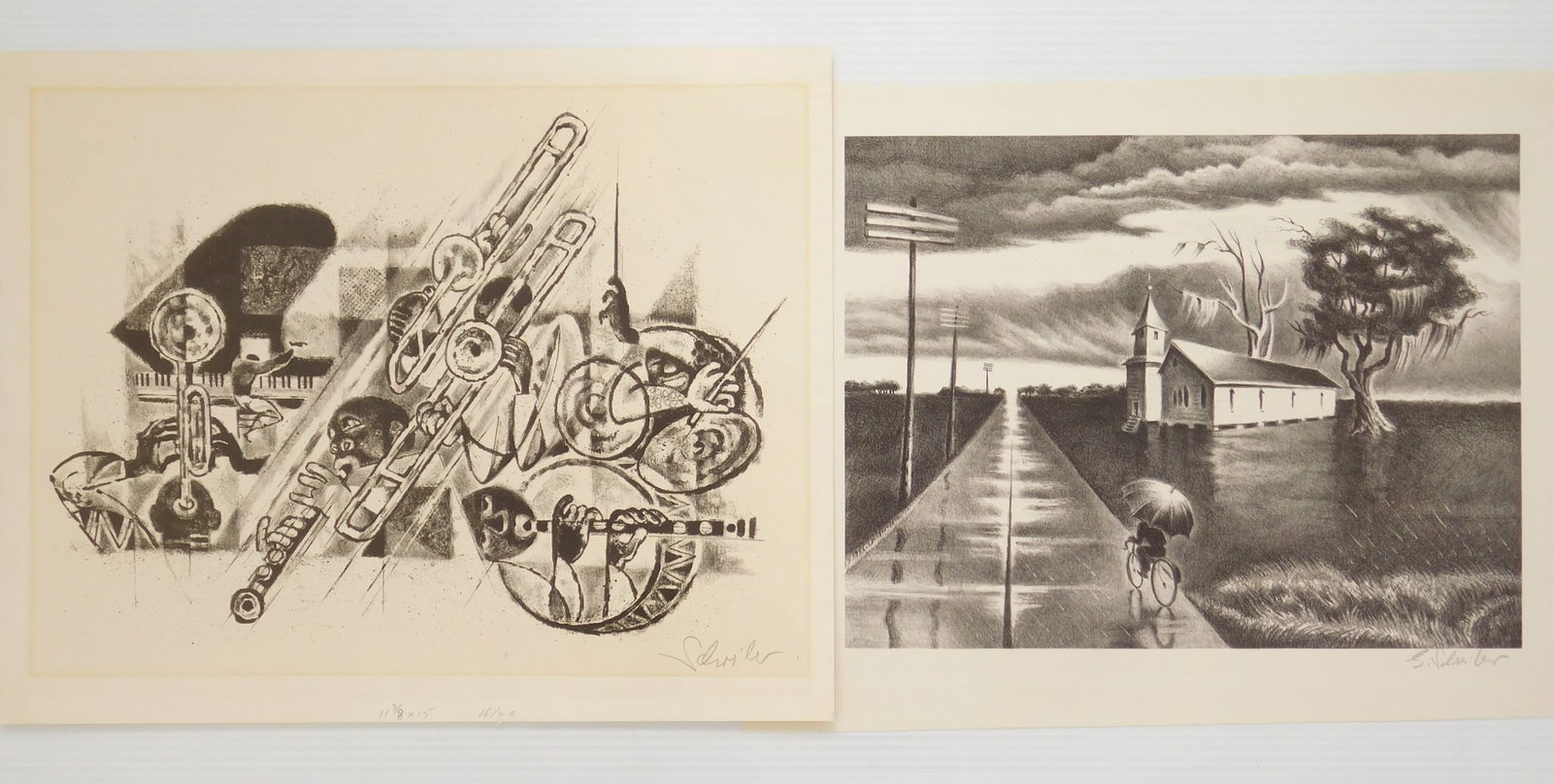 2 Georges Schreiber (American, 1904-1977) lithographs: 1). Rain- lithograph, 1943, signed in pencil, edition of 250, published by AAA. 9 3/4 x 13: (AAA 1943.044) 2). Jazz- lithograph, signed in pencil,