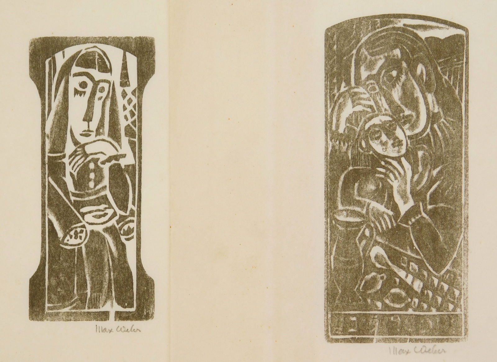 Max Weber (American, 1881-1961) woodcuts: 1). Seated Figure: Woman at a Table woodcut, 1920, signed in pencil, from Primitives- Poems and Woodcuts, edition of 350. 4 1/4 x 2" 2). 