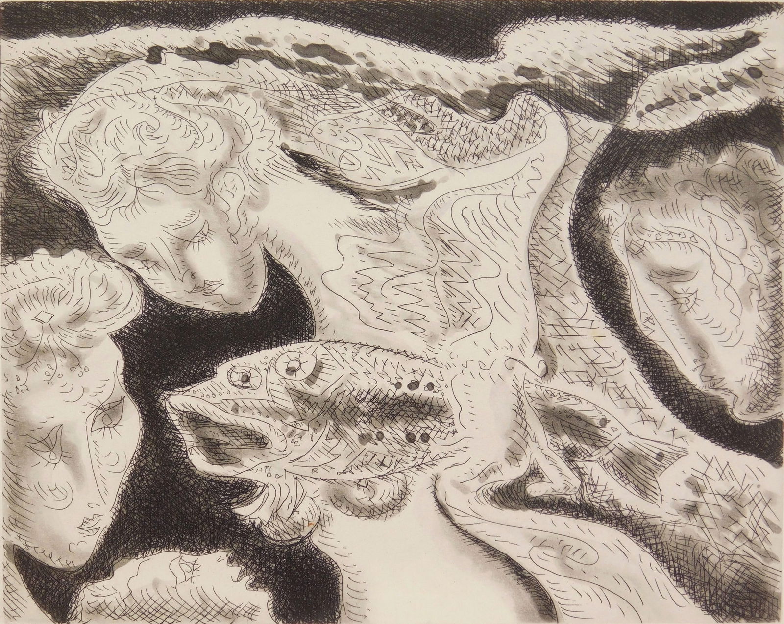 Andre Masson (French, 1896-1987) etching: Le Carpe etching and aquatint, 1947, signed and numbered 32/50 in pencil. 7 3/4 x 9 3/4" Provenance: Private collection- Wichita Falls, TX