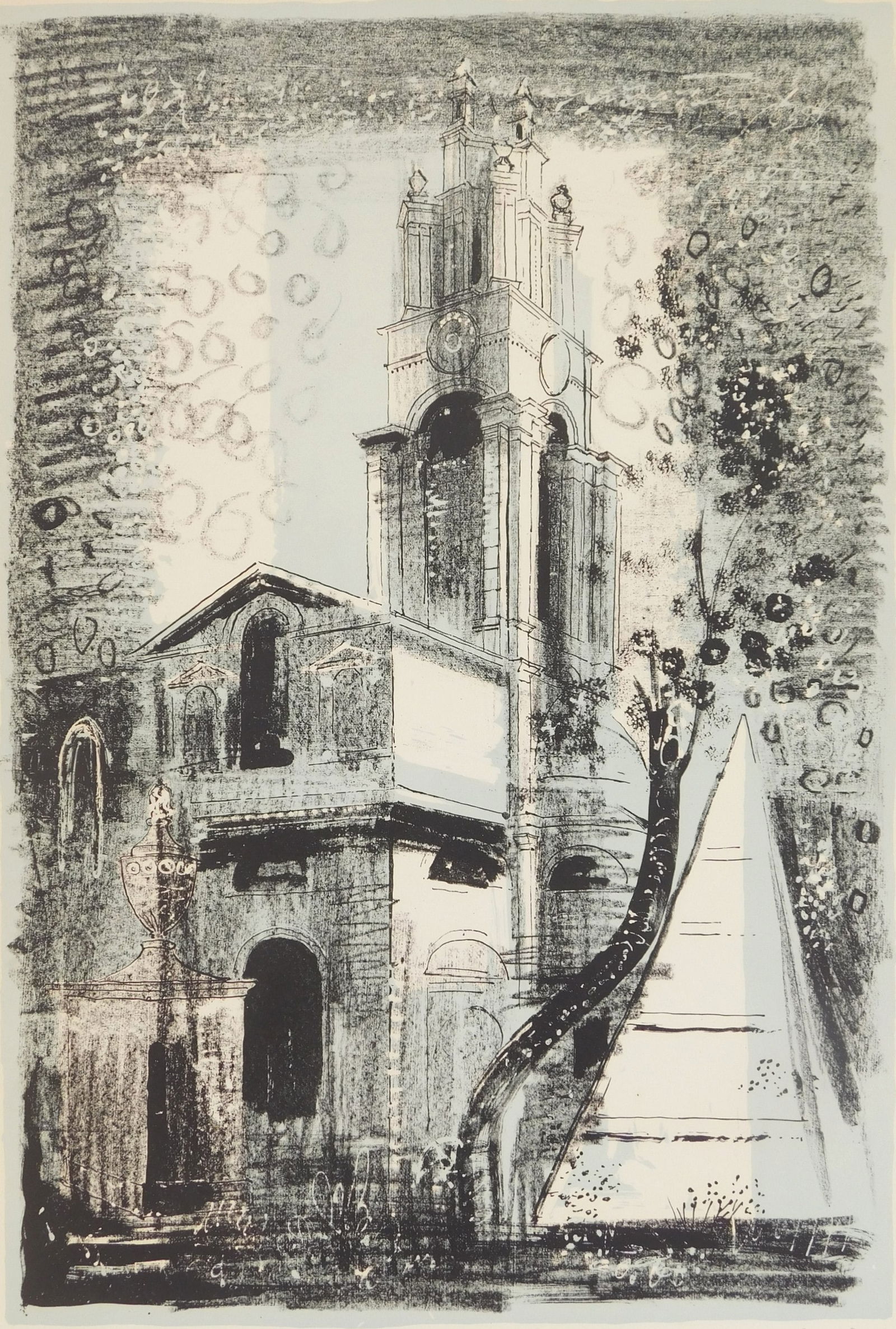 John Piper (British, 1903-1992) lithograph: St. Anne's Limehouse London by Nicholas Hawksmoor lithograph in color, 1964, signed and numbered 17/70 in pencil, from the portfolio A Retrospective of Churches, published by Curwen Studios,