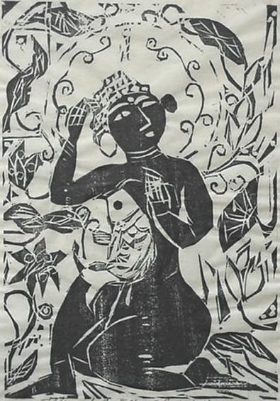 Shiko Munakata woodcut: Shiko Munakata (Japanese 1903-1975)- ''Fish and Flower and Female Buddha''- woodcut, 1957, signed and dated in pencil, edition of 250 plus 10, the Print Club of Cleveland publication No. 37, very good