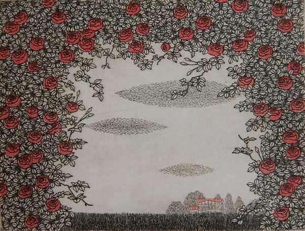 Ryohei Tanaka etching: Ryohei Tanaka (Japanese 20th c.)- House in Distance- etching in colors, signed and numbered 90/100 in pencil, very good condition. 3 7/8 x 5 1/8''