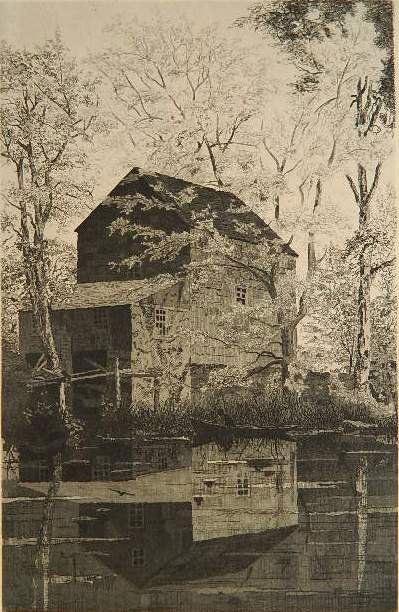 John Taylor Arms etching: John Taylor Arms (American 1887-1953)- ''The Red Mill'' (Fletcher 127ii)- etching and aquatint, 1922, signed in pencil, total edition of 125, very good condition. 11 1/8 x 7 1/4''