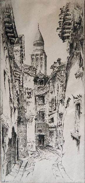 John Taylor Arms etching: John Taylor Arms (American 1887-1953)- ''A Tower of Saint Front, Perigueax'' (Fletcher 212)- etching, 1928, signed and dated in pencil, edition of 100, light struck, mounted to bottom support with pap
