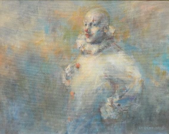 Eugene Bell oil: Eugene Bell (American 20th c.)- Clown- oil on canvas, signed Eugene Bell lower right, very good condition. 16 x 20''