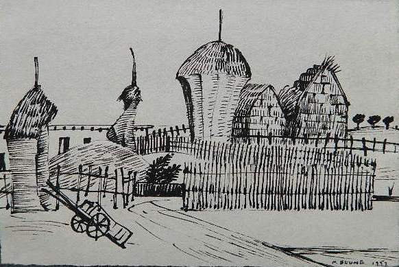 Peter Blume pen and ink: Peter Blume (American 1906-1992)- Farmyard- pen and ink on paper, 1957, signed P. Blume 1957 lower right, very good condition. 5 1/2 x 8 1/4''