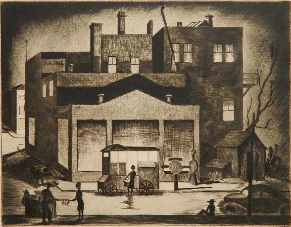 Lowell Bobeleter drypoint: Lowell Bobeleter (American 1902-1973)- ''Just Off Main''- drypoint, ca. 1940, signed and numbered 18/35 in pencil, very good condition. 8 x 10 3/8''
