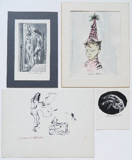 Aaron Bohrod mixed media: Aaron Bohrod (American 1907-1992)- Untitled- 4 mixed medias (1 pen and ink; 1 pen and ink with watercolor and 2 lithographs, all 4 signed Aaron Bohrod in pencil, good condition, various sizes.