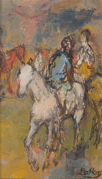 Henry Botkin oil: Henry Botkin (American 1896-1983)- ''Blue Rider''- oil on panel, signed Botkin lower right. 9 3/4 x 5 1/2''