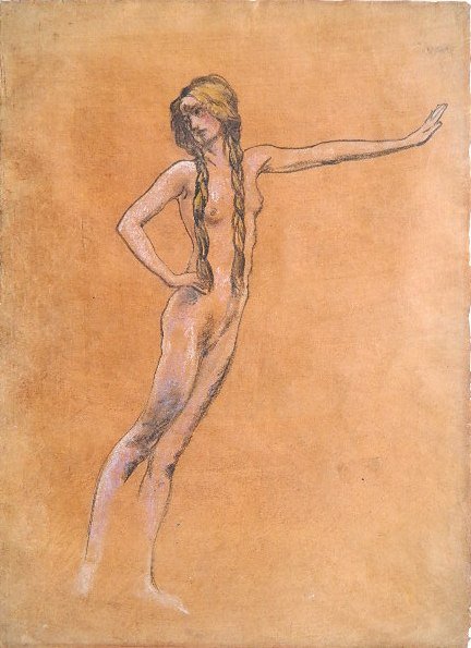 Arthur B. Davies charcoal and pastel: Arthur B. Davies (American 1863-1928)- Standing Female Nude- charcoal, crayon and pastel on paper, very good condition. 16 3/8 x 11 3/4''