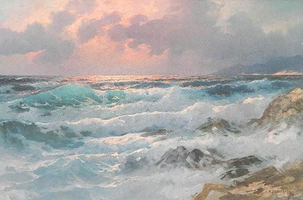 Alexander Dzigurski oil: Alexander Dzigurski (American 1911-1995)- Seascape- oil on canvas, signed A. Dzigurski lower right, very good condition. 24 x 36''