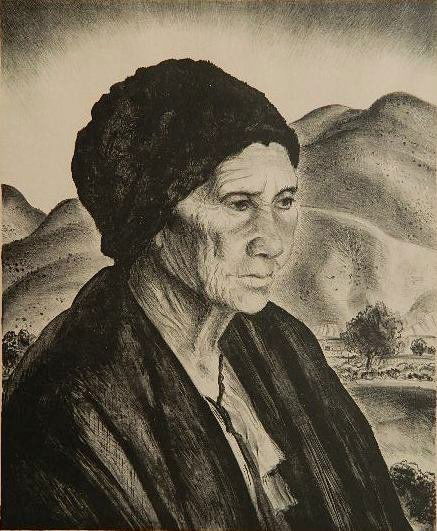 Peter Hurd lithograph: Peter Hurd (American 1904-1984)- ''Dona Nestorita'' (Meigs 55)- ''Dona Nestorita'' (Meigs 55)- lithograph, 1942, signed and titled in pencil, paper tape around edges verso light struck and mat burn. 1
