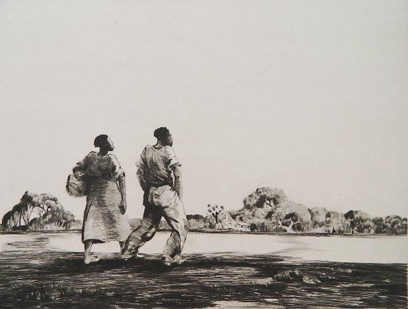 Alfred Hutty drypoint: Alfred Hutty (American 1877-1954)- ''Southern Primitive''- drypoint, signed with snail remarque in pencil, laid down. 8 7/8 x 11 5/8''