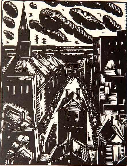 William Jacobs woodcut: William Jacobs (American 1869-1917)- ''West Side Chicago''- woodcut, 1938, signed, dated and titled in pencil, mounted to support sheet. 9 x 7''