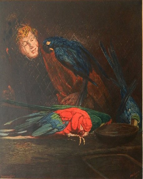Charles Mielatz etching: Charles Mielatz (American 1864-1919)- Woman and Macaws- etching in colors, 1912, after a painting by George Luks. 14 3/4 x 11 7/8''