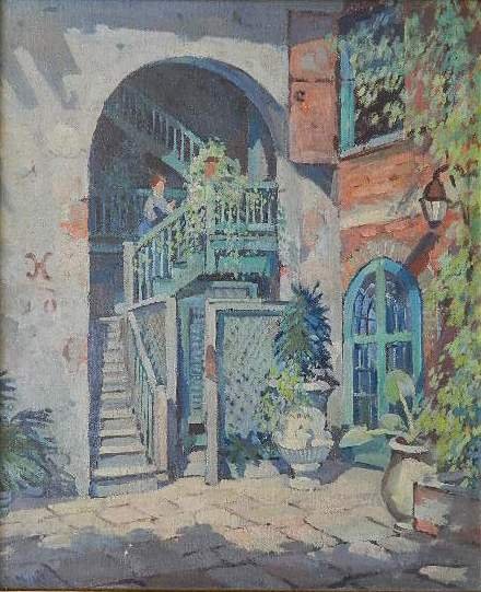 Charles Millet oil: Charles Millet (American 1897-1959)- ''Arts and Crafts Courtyard, New Orleans''- oil on canvasboard, signed C. Millet lower left, signed and titled verso, very good condition 18 x 15''