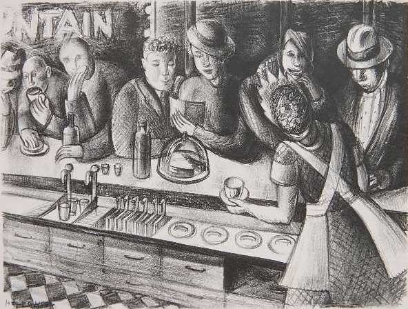 Helen Noel lithograph: Helen Noel (American 1912- ?)- ''Lunch Counter''- lithograph, very good condition. 8 1/2 x 11 1/2''