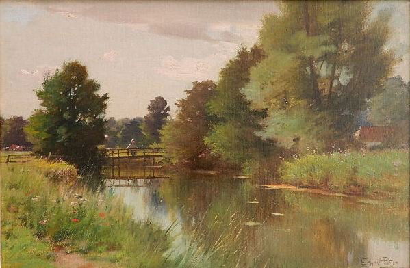 Ernest Parton oil: Ernest Parton (American 1845-1933)- Summer Landscape- oil on canvas (relined), signed Ernest Parton lower right. 16 x 24''
