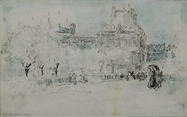 Everett Shinn watercolor and graphite: Everett Shinn (American 1876-1953)- Luxembourg Gardens, Paris- graphite and watercolor on paper, 1900, signed E. Shinn/ 1900 lower right, laid down, some staining in paper. 4 3/4 x 7 1/2''