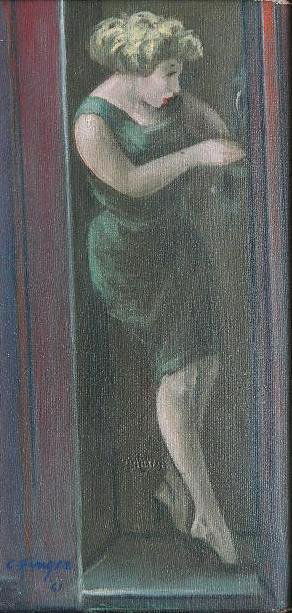 Clyde Singer oil: Clyde Singer (American 1908-1999)- ''Girl in Phone Booth''- oil on panel, 1961, signed C. Singer '61 lower left, signed, titled and dated verso, very good condition. 16 x 8''