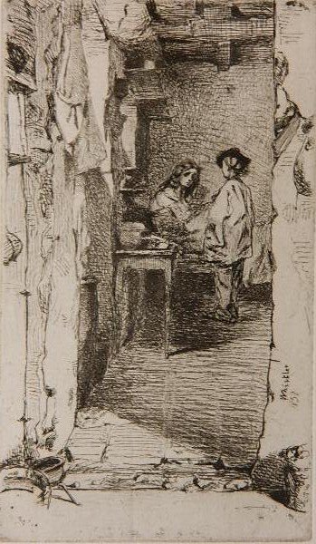 James A. M. Whistler etching: James A. M. Whistler (American 1834-1903)- ''The Rag Gatherers'' (Kennedy 23v)- etching, 1857, very good condition. 6 x 3 1/2''