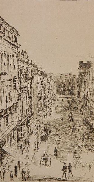 after James A. M. Whistler etching: after James A. M. Whistler (American 1834-1903)- ''St. James St.'' (Kennedy 169 iv)- etching, 1869, as published in 1878 in ''Vanity Fair'', very good condition. 10 7/8 x 5 7/8''