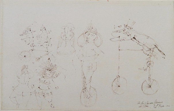 Louis Bosa pen and ink: Louis Bosa (American 1905-1981)- Figures on Unicycles- pen and ink on paper, 1966, signed, titled, dated and inscribed 'Per La Signora Giovanna del Pitore' lower right, slightly light struck, laid dow