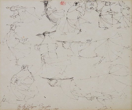 Louis Bosa pen and ink: Louis Bosa (American 1905-1981)- Studies of Monks- pen and ink on illustration board, 1966, signed, dated and inscribed 'per la Giogoli Brenda de pastore' in pen lower left, slightly light struck and 