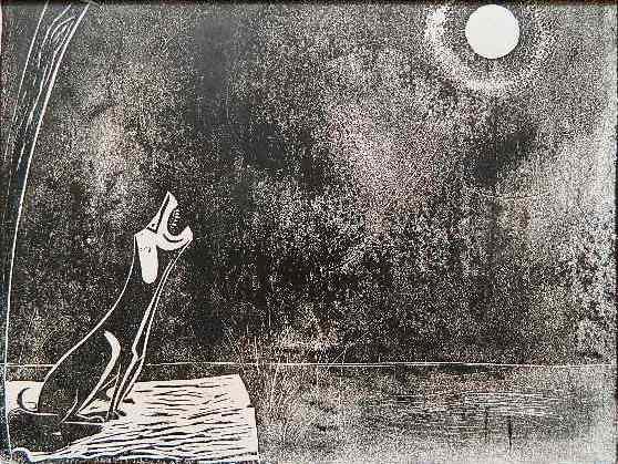 Charles Campbell linocut: Charles Campbell (American 1905-1985)- ''Dog Baying At The Moon''- linocut, signed Charles Campbell in ink, taped to top mate with masking tape. 7 1/2 x 9 3/4''
