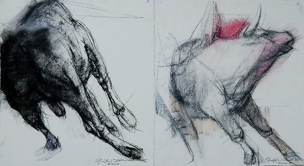 Shirley Aley Campbell drawings: Shirley Aley Campbell (American 1925- )- ''Bull''- 2 charcoal and pastel on paper, 1989, both signed Shirley Aley Campbell '89 'Acapulco' in graphite, very good condition. 25 x 22 1/2'' ea.