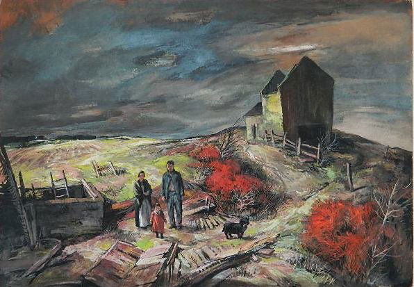 Carl Gaertner oil: Carl Gaertner (American 1898-1952)- ''Shreeve Ridge Cyclone''- oil on cardboard, 1940, signed Carl Gaertner 1940 lower left. 28 x 40'' Exhibited: The 23rd Annual May Show, Cleveland Museum of Art, Cle