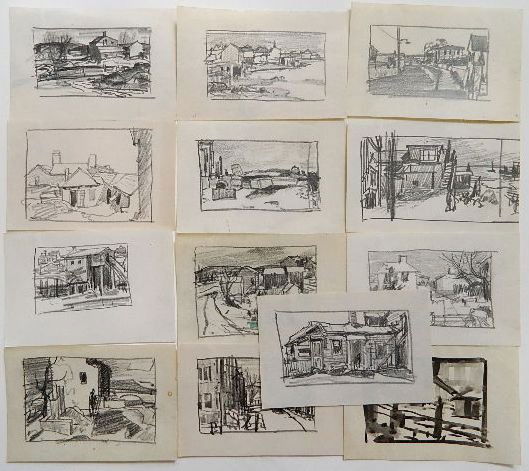 Carl Gaertner graphite sketches: Carl Gaertner (American 1898-1952)- Street Scenes- 13 graphite on paper and 1 watercolor on paper. 4 x 6'' (sheet)