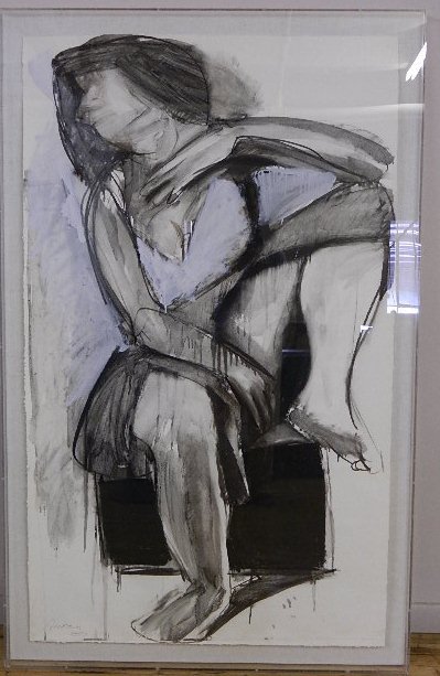 Richard Hickam watercolor: Richard Hickam (American 1944- )- Seated Nude- watercolor on paper, signed Hickam lower right. 60 x 36''
