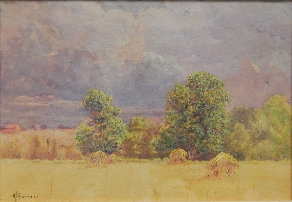 Hugh Huntington Howard watercolor: Hugh Huntington Howard (American 1860-1927)- ''Wheat Fields''- watercolor on paper, signed H. H. Howard lower left, laid down. 6 1/2 x 9 1/2''