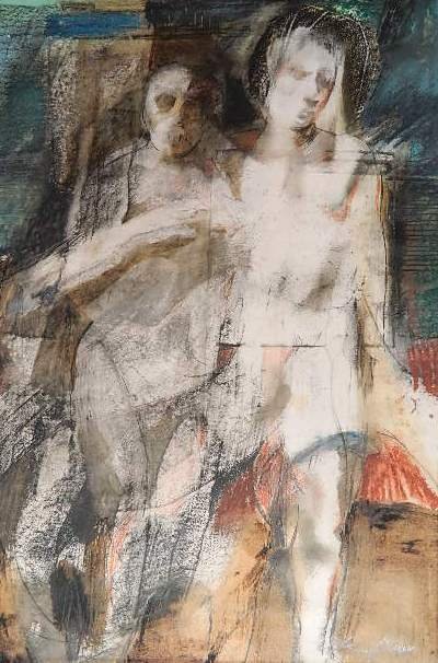 Francis Meyers watercolor and graphite: Francis J. Meyers (American 20th c.)- Two Figures- watercolor and charcoal on paper, signed Francis J. Meyers lower right. 17 1/4 x 12'' Provenance: Estate of Brenda Fuchs