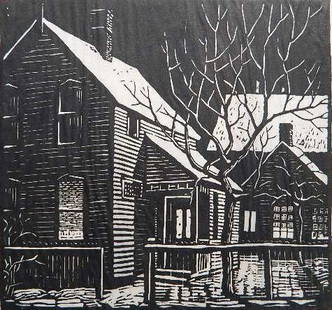 Woldemar Neufeld linocut: Woldemar Neufeld (American 1909-2002)- ''Her Window''- linocut, 1937, signed, dated and titled in pencil, very good condition. 7 1/2 x 7 3/4''