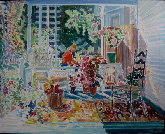 Joseph B. O'Sickey oil: Joseph B. O'Sickey (American 1918- )- In The Garden- oil on canvas, 1975, signed O'Sickey 75- lower right, very good condition. 48 x 60''