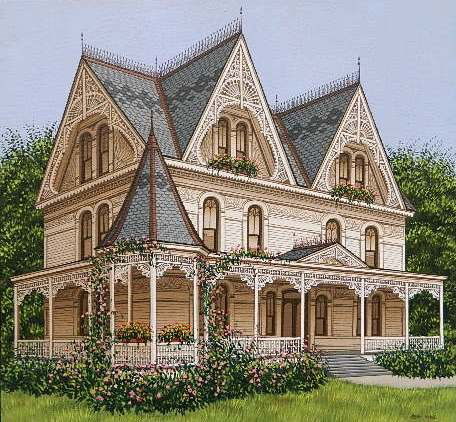 Sue Wall acrylic: Sue Wall (American 1950-)- Victorian House- acrylic on canvas, signed Sue Wall lower right. 14 1/4 x 15 1/2''