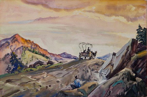 Frank Wilcox watercolor: Frank Wilcox (American 1887-1964)- Wagon in Western Landscape- watercolor on illustration board, 1952, signed Wilcox 52 lower right. 20 x 30''