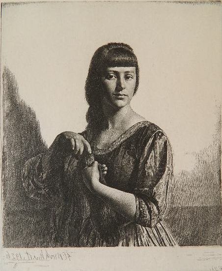 Gerald Brockhurst etching: Gerald Brockhurst (British 1890-1978)- ''La Tresse'' (Fletcher 56)- etching, 1926, signed in pencil, mat burn, glued to top mat around edges. 8 5/16 x 6 15/16''
