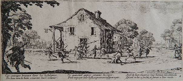 Jacques Callot etching: Jacques Callot (French 1592-1635)- ''Die Pluenderung'' (Lieure 1342)- etching. 2 7/8 x 7 1/2''