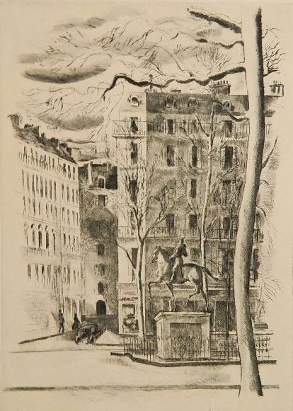 Hermine David drypoint: Hermine David (French 1886-1971)- ''La Place St. Augustine''- drypoint, ca. 1930, signed and numbered 2/60 in pencil. 15 x 10 5/8''