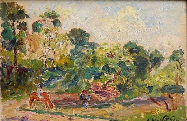 Emmanuel V. A. M. de la Villeon oil: Emmanuel V. A. M. de la Villeon (French 1858-1944)- Figures By Stream- oil on panel, signed E. de la Villeon lower right, very good condition. 7 x 10''